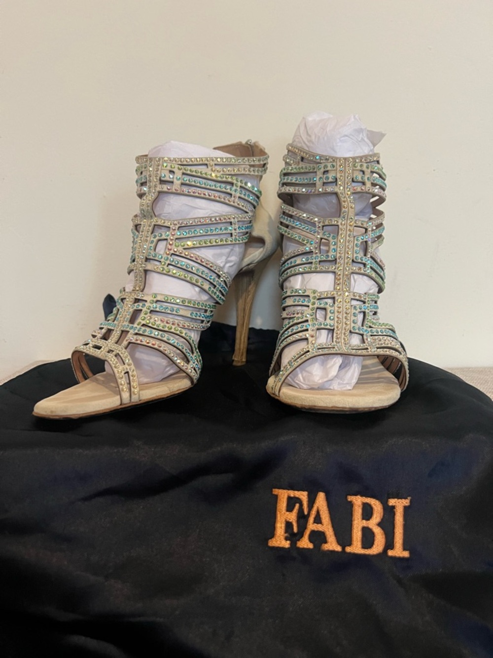 FABI Jeweled Strappy High Heel Sandals in Iridescent White
